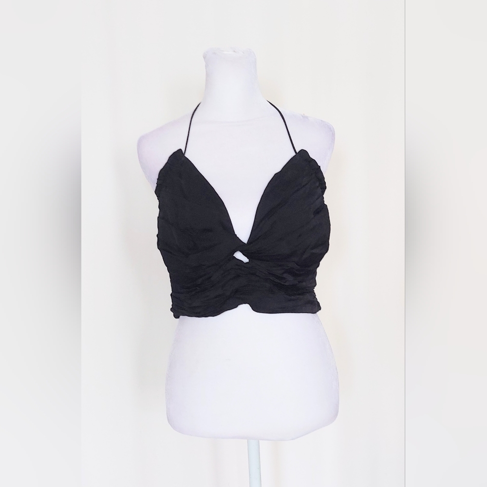 Zara Womens Ruched Gathered Smocked Bralette V Neck Halter Top Black Sz Medium